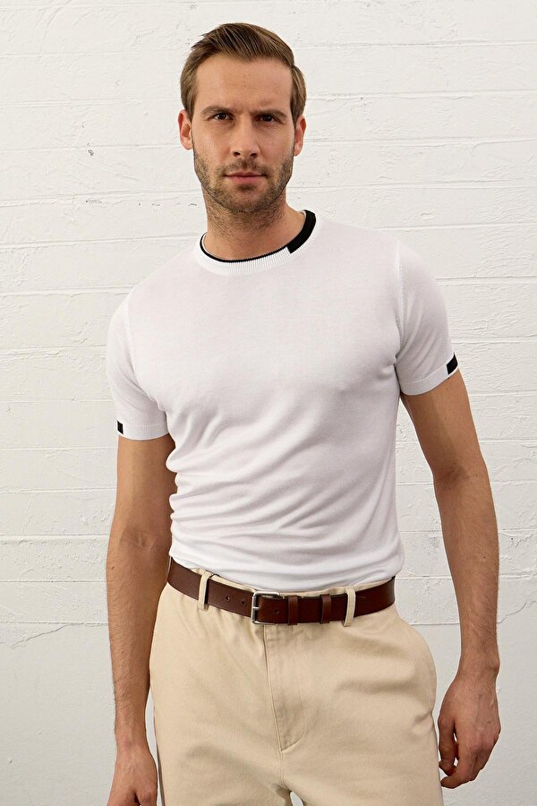 Erkek Garnili Slim-Fit Yazlık Triko T-shirt Beyaz