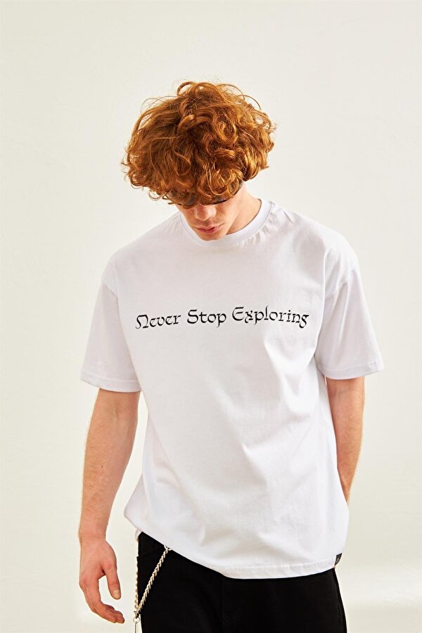 Erkek Yazı Ve At Baskılı Oversize T-shirt Beyaz