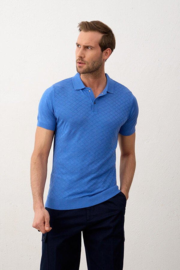 Erkek Yumuşak Dokulu Slim-Fit Polo Yaka İnce Triko T-shirt Saks