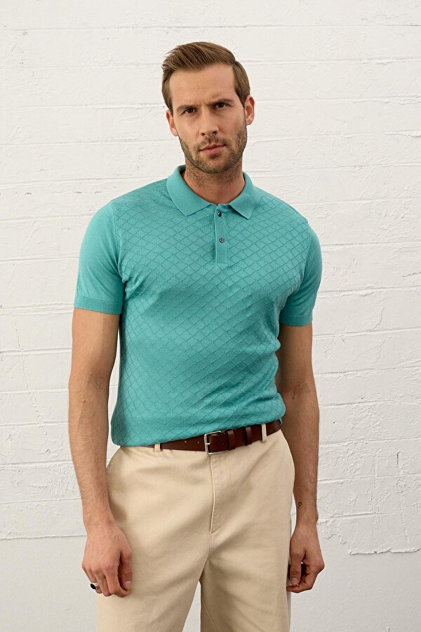 Erkek Yumuşak Dokulu Slim-Fit Polo Yaka İnce Triko T-shirt Mint