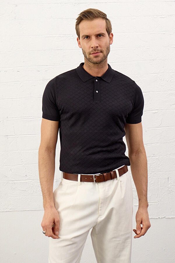 Erkek Yumuşak Dokulu Slim-Fit Polo Yaka İnce Triko T-shirtKoyu Lacivert