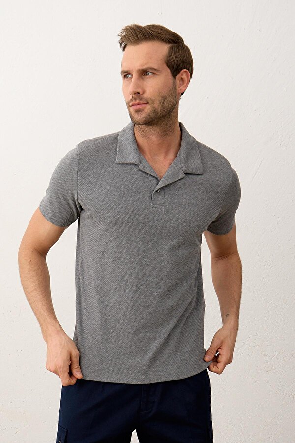 Erkek Polo Yaka Düğmeli Slim-Fit Triko T-shirt  Gri
