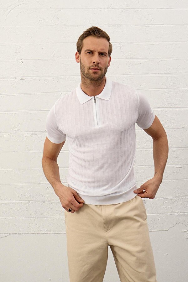 Erkek Fermuarlı Slim-Fit Polo Yaka İnce Triko T-shirt Beyaz