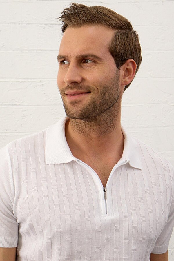 Erkek Fermuarlı Slim-Fit Polo Yaka İnce Triko T-shirt Beyaz