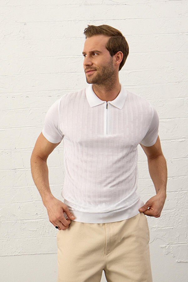 Erkek Fermuarlı Slim-Fit Polo Yaka İnce Triko T-shirt Beyaz
