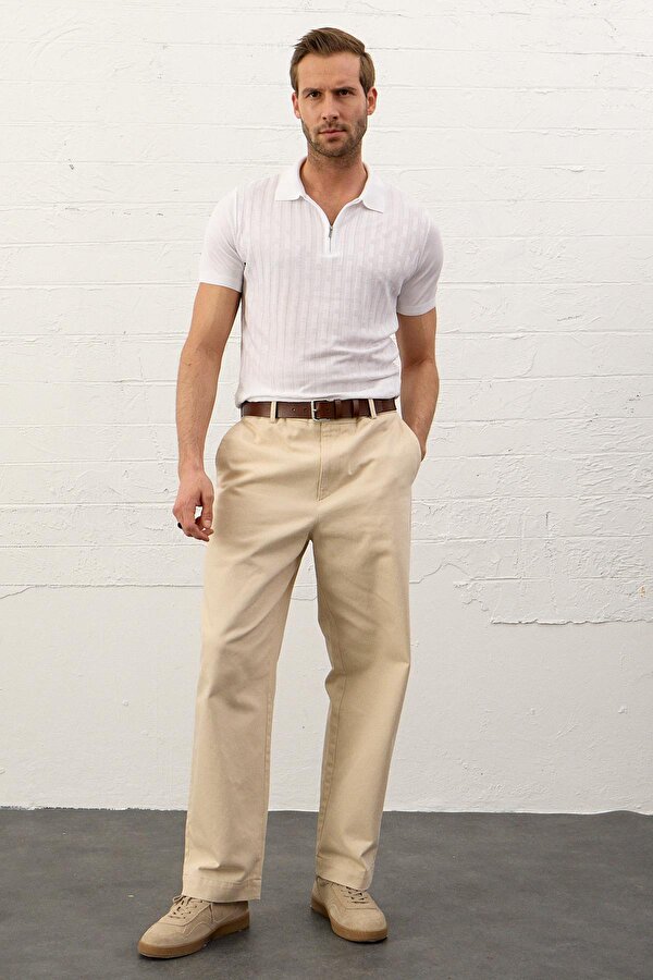 Erkek Fermuarlı Slim-Fit Polo Yaka İnce Triko T-shirt Beyaz