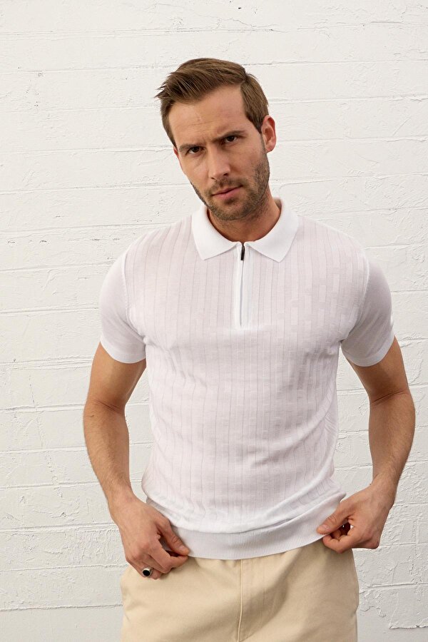 Erkek Fermuarlı Slim-Fit Polo Yaka İnce Triko T-shirt Beyaz