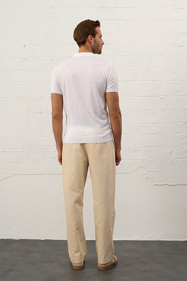 Erkek Fermuarlı Slim-Fit Polo Yaka İnce Triko T-shirt Beyaz