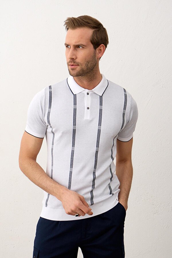 Erkek Slim-Fit Polo Yaka İnce Triko T-shirtBeyaz