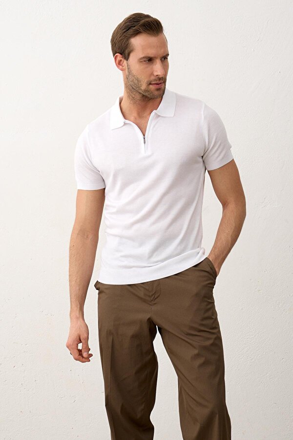 Erkek Basic Slim-Fit Polo Yaka Yazlık Triko T-shirt Beyaz