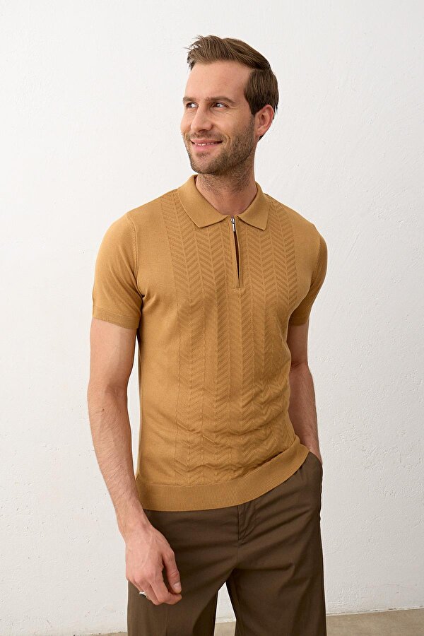 Erkek Slim-Fit Polo Yaka Yazlık Triko T-shirt Hardal