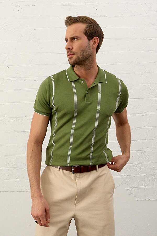Erkek Slim-Fit Polo Yaka İnce Triko T-shirt Yeşil