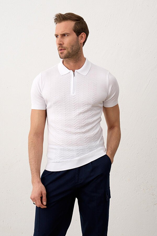 Erkek Slim-Fit Polo Yaka Yazlık Triko T-shirt Beyaz