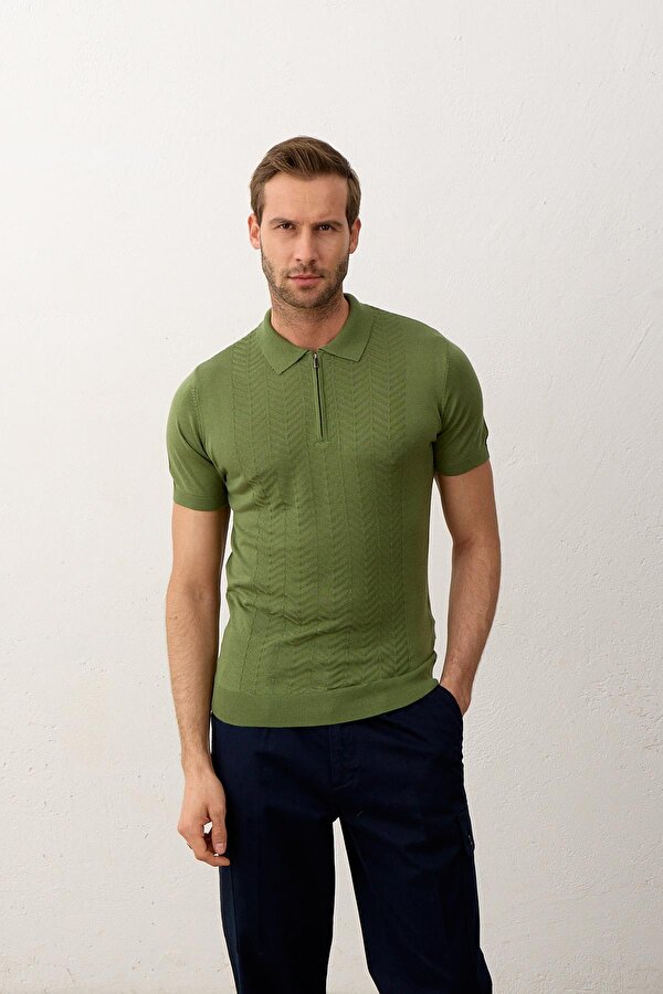 Erkek Slim-Fit Polo Yaka Yazlık Triko T-shirt Yeşil