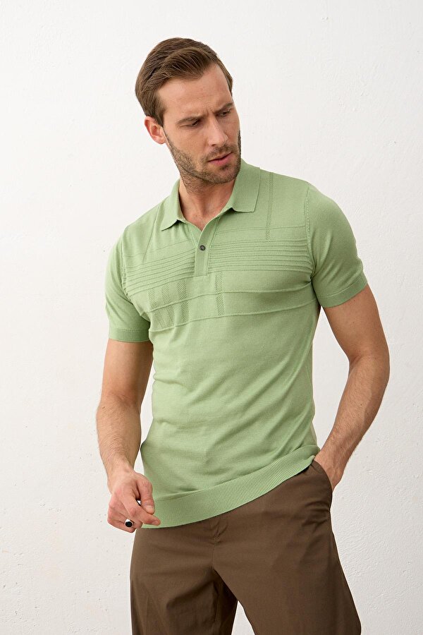 Erkek Çizgi Desenli Slim-Fit Yazlık Triko T-shirt Yeşil