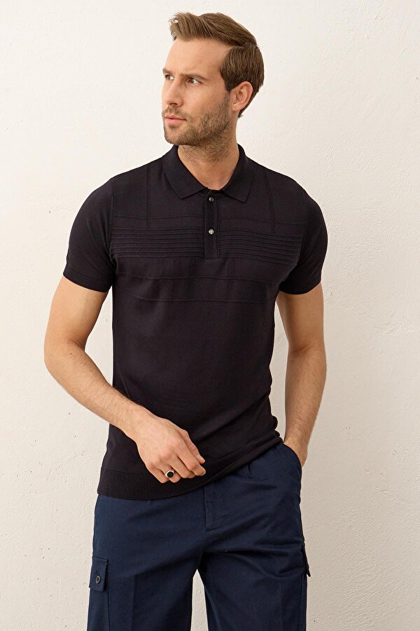 Erkek Çizgi Desenli Slim-Fit Yazlık Triko T-shirt Koyu Lacivert