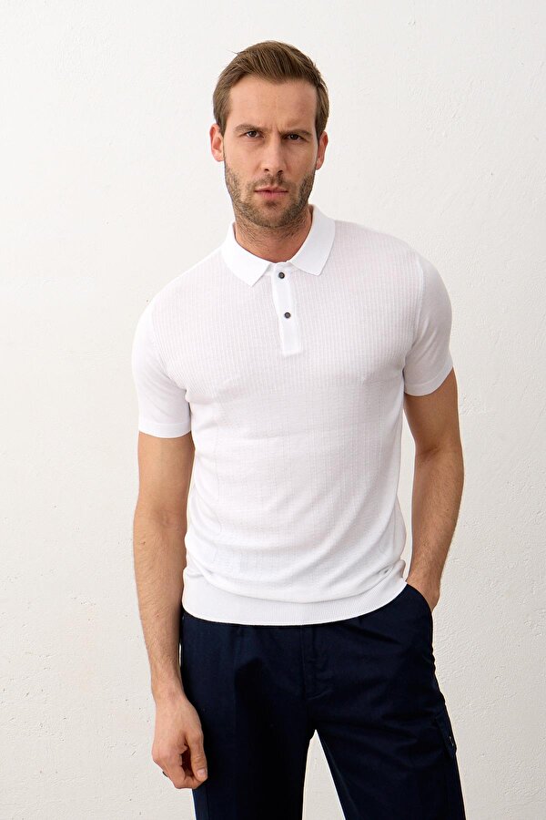 Erkek Slim-Fit Yazlık Triko T-shirt Beyaz