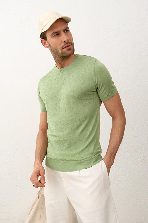 Erkek Modelli Bisiklet Yaka Slim-Fit Yazlık Triko Tişört Yeşil