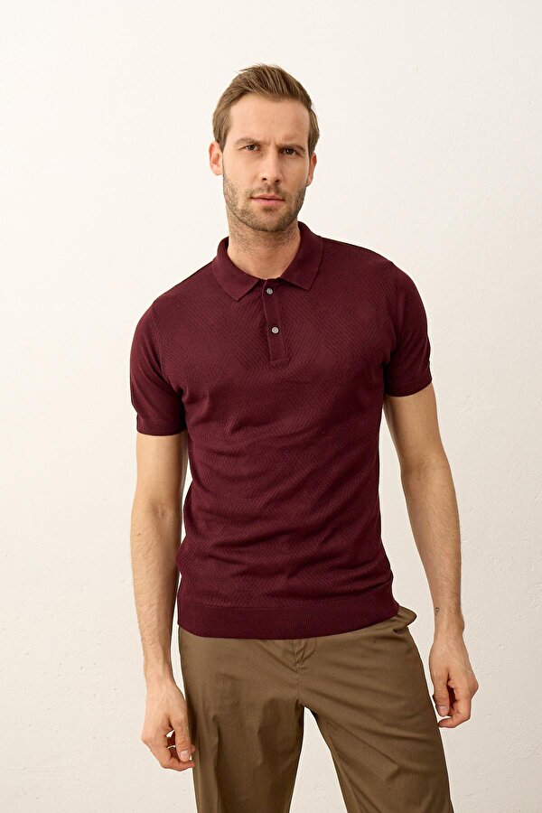 Erkek Çıtçıt Kapamalı Slim-Fit Yazlık Triko T-shirt Bordo