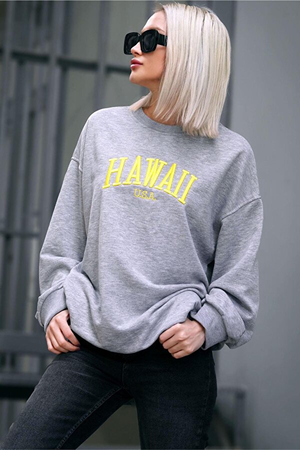 Gri Bisiklet Yaka Baskılı Sweatshirt MG1922