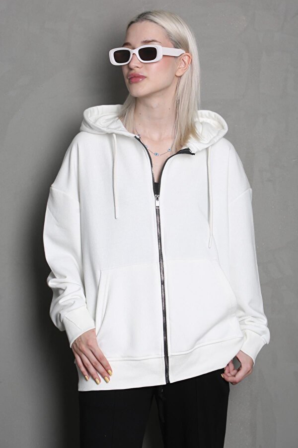 Ekru Kapüşonlu Basic Sweatshirt MG1900