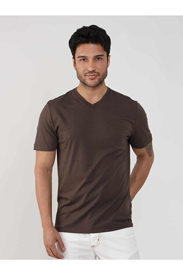 Kahverengi Erkek Slim Fit Düz V Yaka Tshirt - 105675