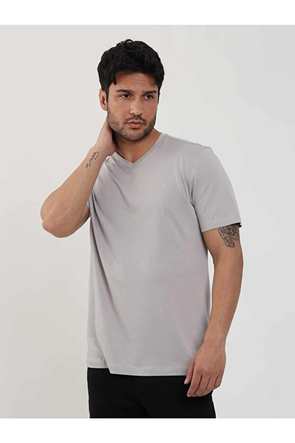 Gri Melanj Erkek Slim Fit Düz V Yaka Tshirt - 105648