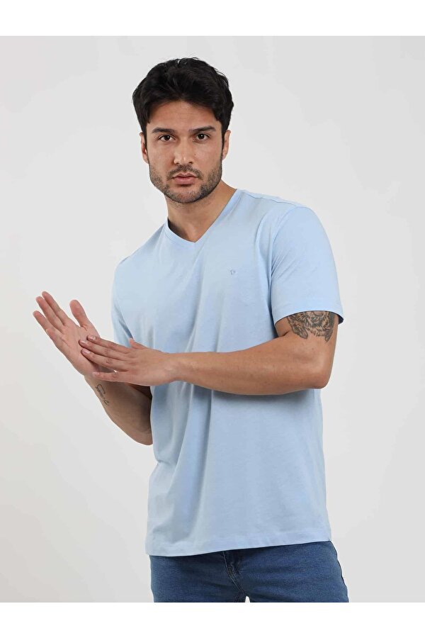 Açık Mavi Erkek Slim Fit Düz V Yaka Tshirt - 105612