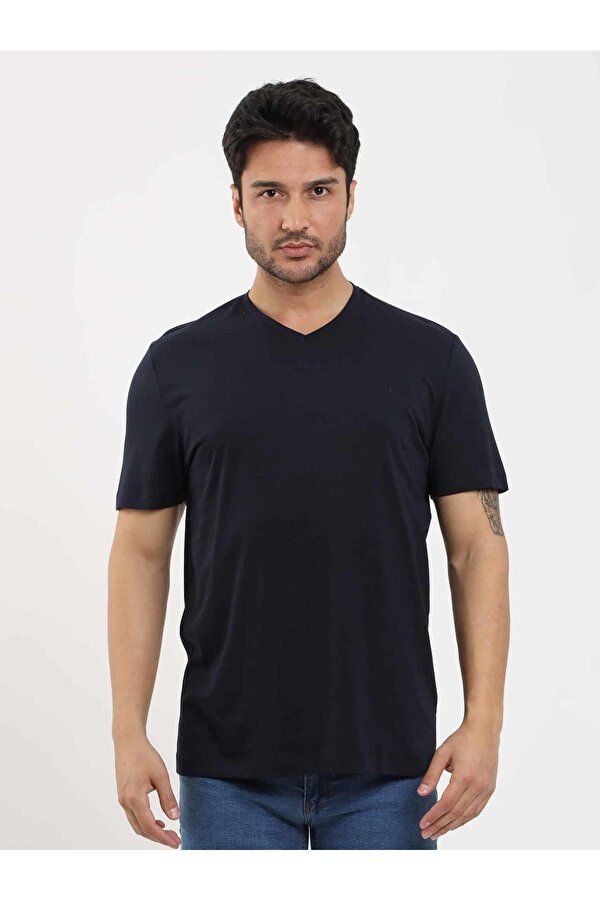 Lacivert Erkek Slim Fit Düz V Yaka Tshirt - 105594
