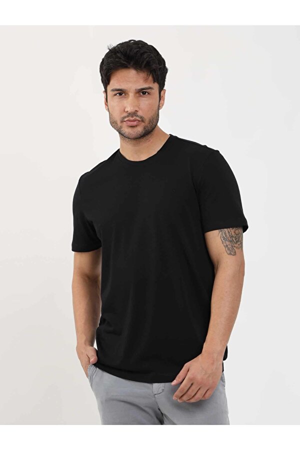 Siyah Erkek Slim Fit Düz O Yaka Tshirt - 105534
