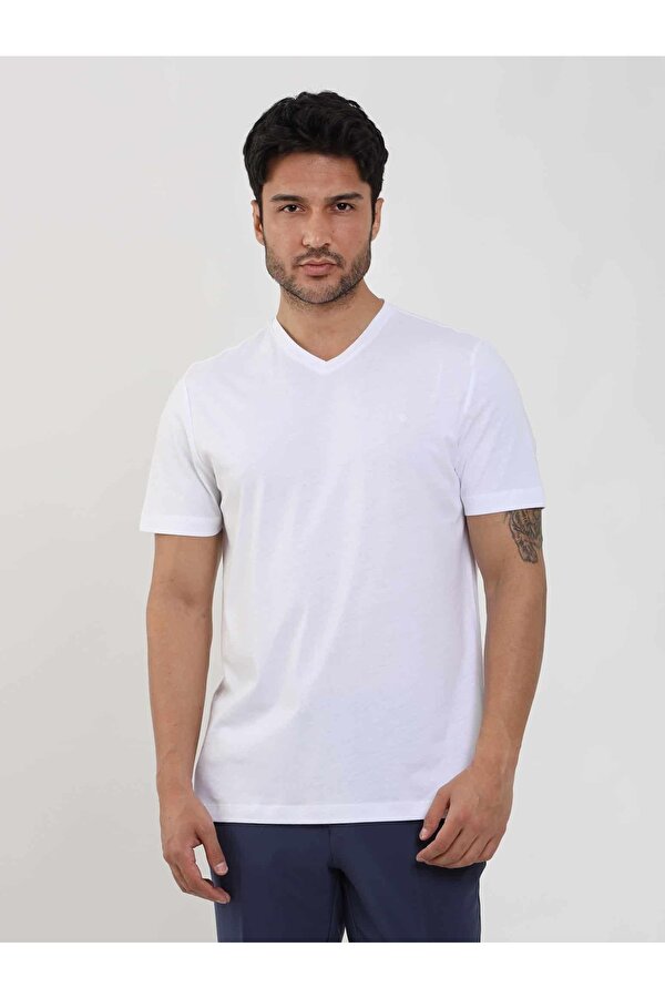 Beyaz Erkek Slim Fit Düz V Yaka Tshirt - 105558
