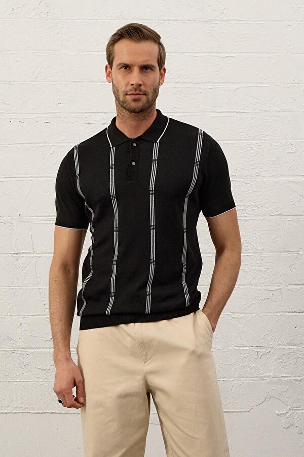 Erkek Slim-Fit Polo Yaka İnce Triko T-shirtSiyah