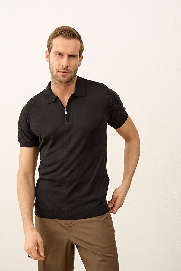 Erkek Basic Slim-Fit Polo Yaka Yazlık Triko T-shirt Siyah