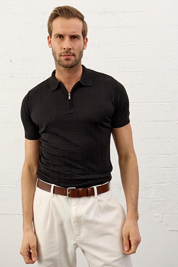 Erkek Slim-Fit Polo Yaka Yazlık Triko T-shirt Siyah