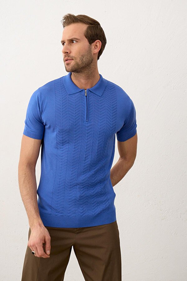 Erkek Slim-Fit Polo Yaka Yazlık Triko T-shirt  Saks