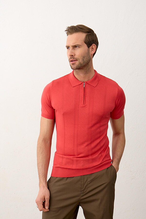 Erkek Fermuarlı Slim-Fit Yazlık Triko T-shirt Nar Çiçeği