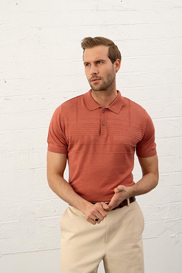 Erkek Çizgi Desenli Slim-Fit Yazlık Triko T-shirt Tarçın
