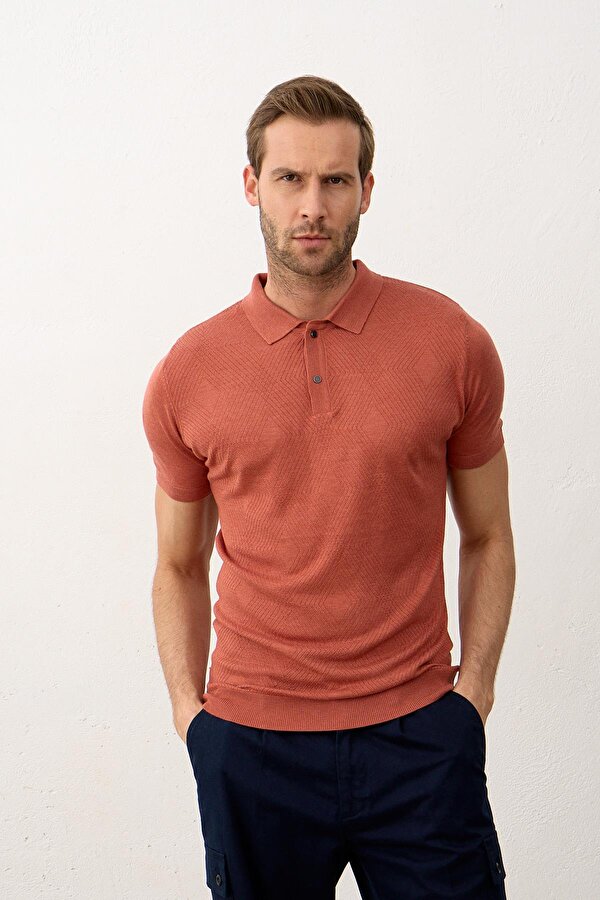 Erkek Çıtçıt Kapamalı Slim-Fit Yazlık Triko T-shirt Tarçın