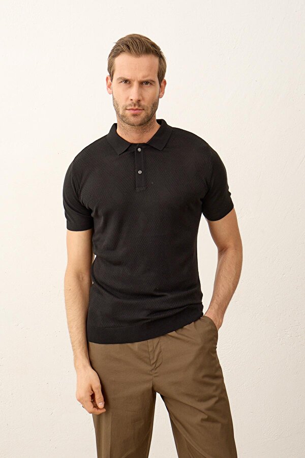 Erkek Çıtçıt Kapamalı Slim-Fit Yazlık Triko T-shirt Siyah