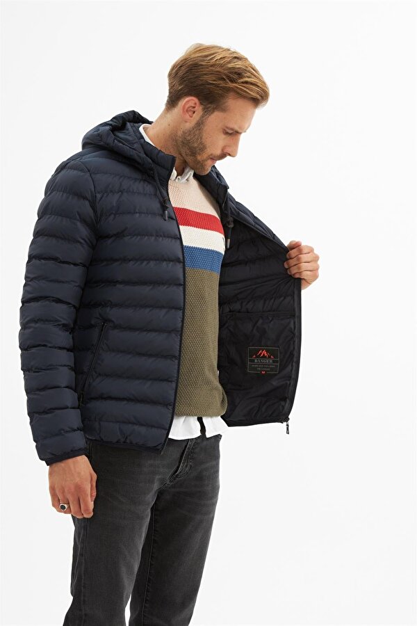 Erkek Çıkarılabilir Kapüşonlu Basic Şişme Mont Lacivert