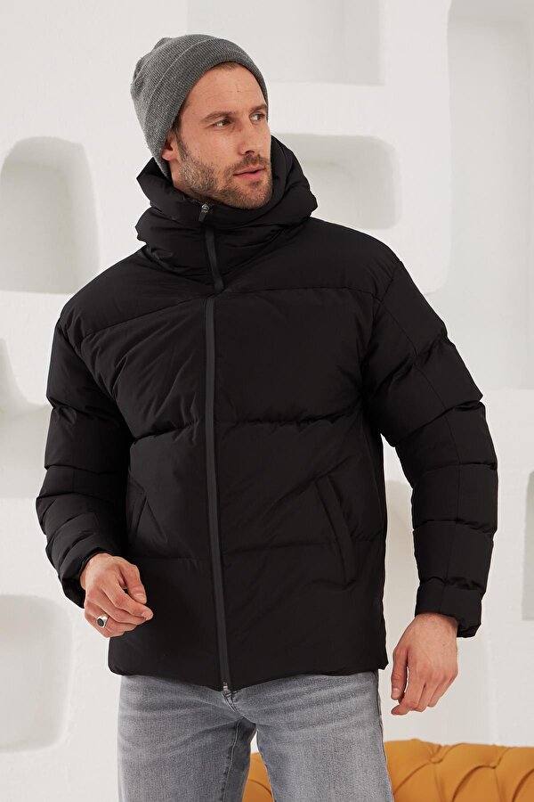 Erkek Garnili Su Ve Rüzgar Geçirmez Oversize Şişme Mont Siyah
