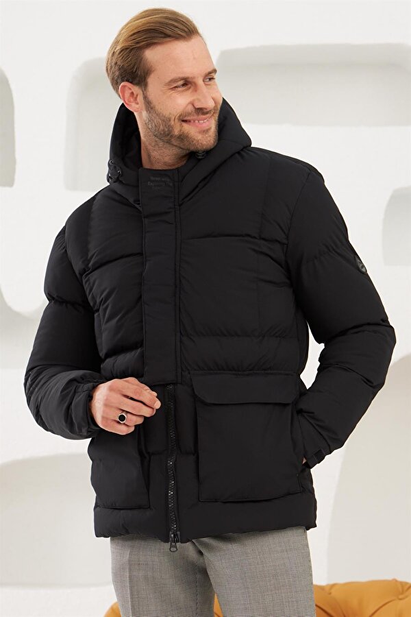 Erkek Su Ve Rüzgar Geçirmez Spor Şişme Mont Siyah