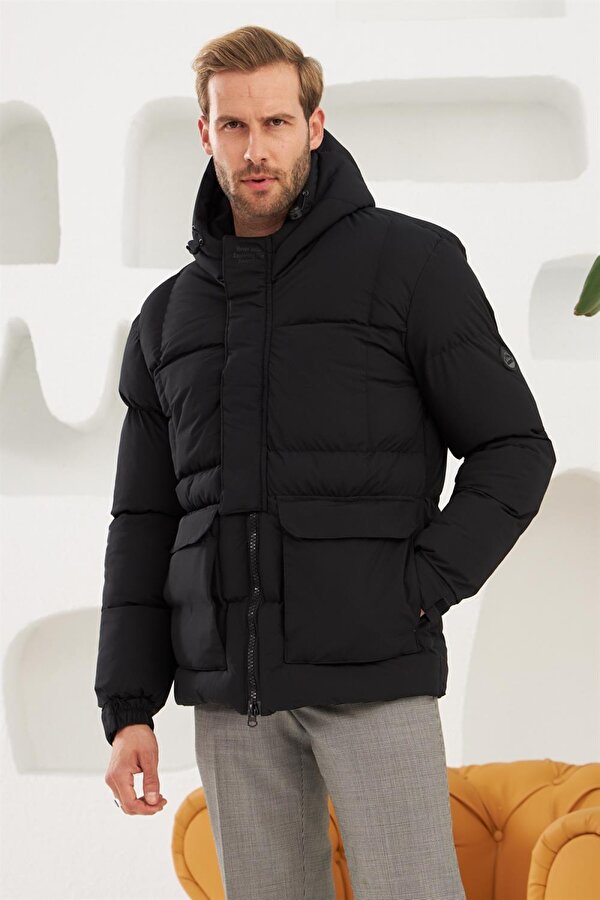 Erkek Su Ve Rüzgar Geçirmez Spor Şişme Mont Siyah