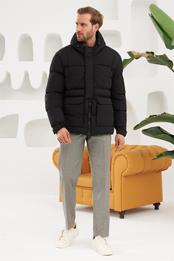 Erkek Su Ve Rüzgar Geçirmez Spor Şişme Mont Siyah