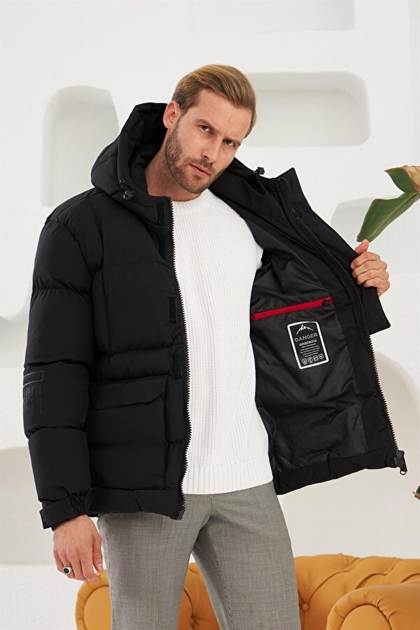 Erkek Su Ve Rüzgar Geçirmez Spor Şişme Mont Siyah