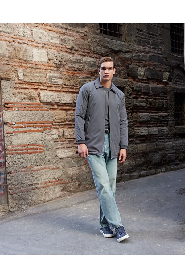 Erkek Düz Su Geçirmez Uzun Mont Ceket Antrasit