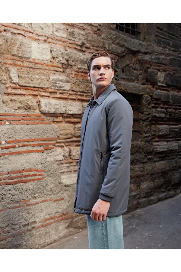 Erkek Düz Su Geçirmez Uzun Mont Ceket Antrasit