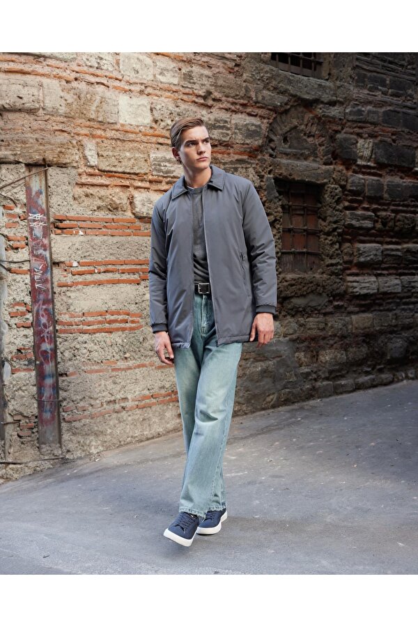 Erkek Düz Su Geçirmez Uzun Mont Ceket Antrasit