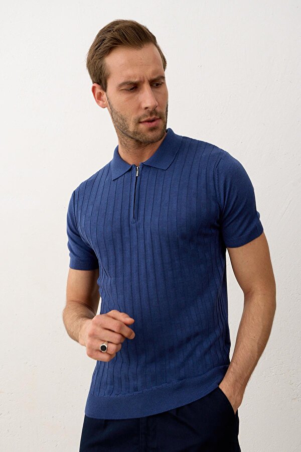 Erkek Fermuarlı Slim-Fit Polo Yaka İnce Triko T-shirt  İndigo