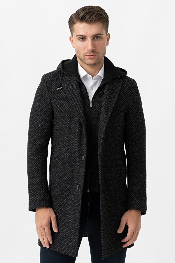 Ancona 4024  Slim Fit Kapüşonlu Ceket Yaka Pamuklu Kaban Siyah